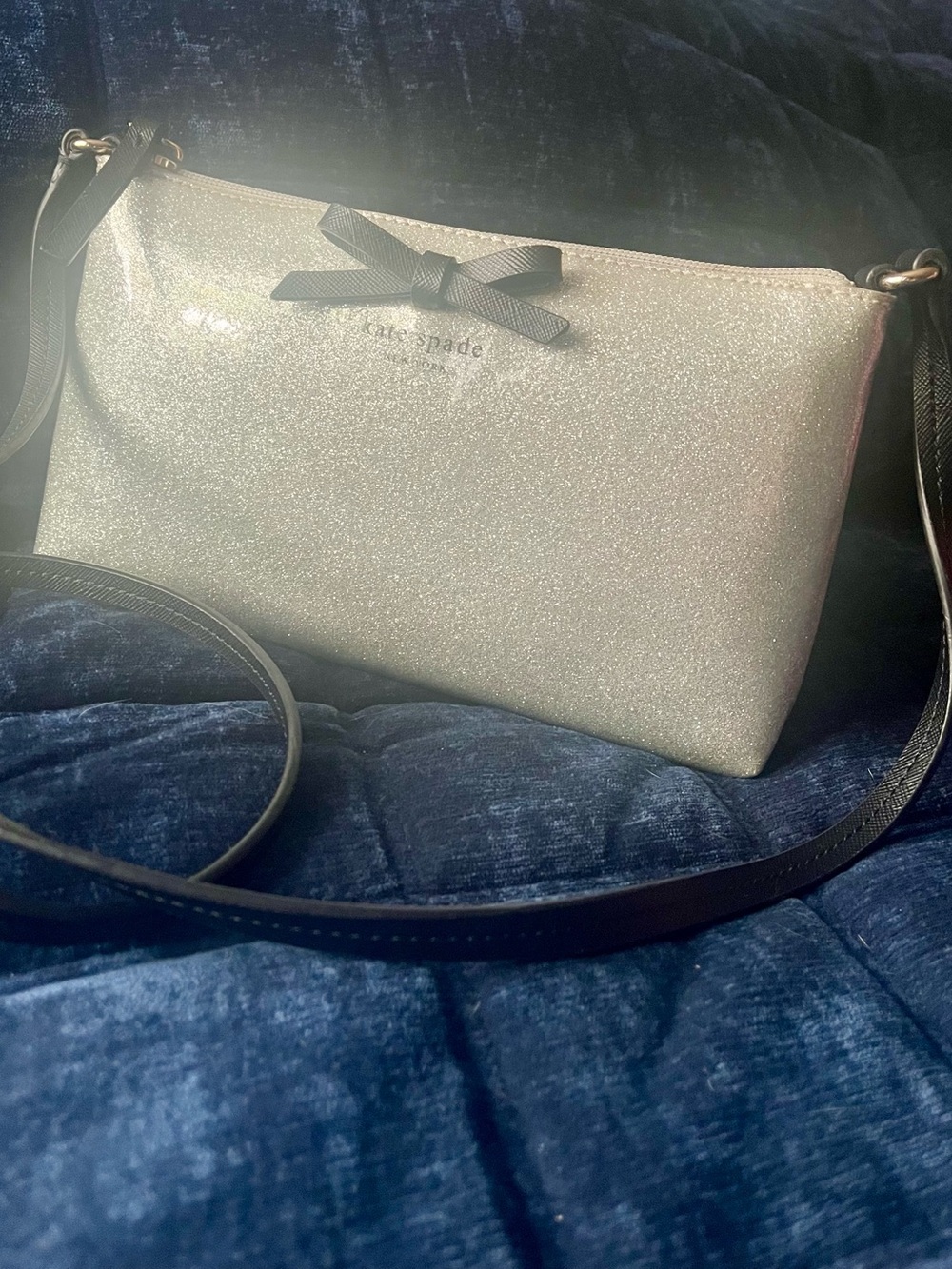 Kate Spade Silver Glitter Crossbody Bag with Bow Accent